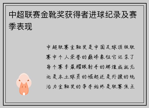 中超联赛金靴奖获得者进球纪录及赛季表现